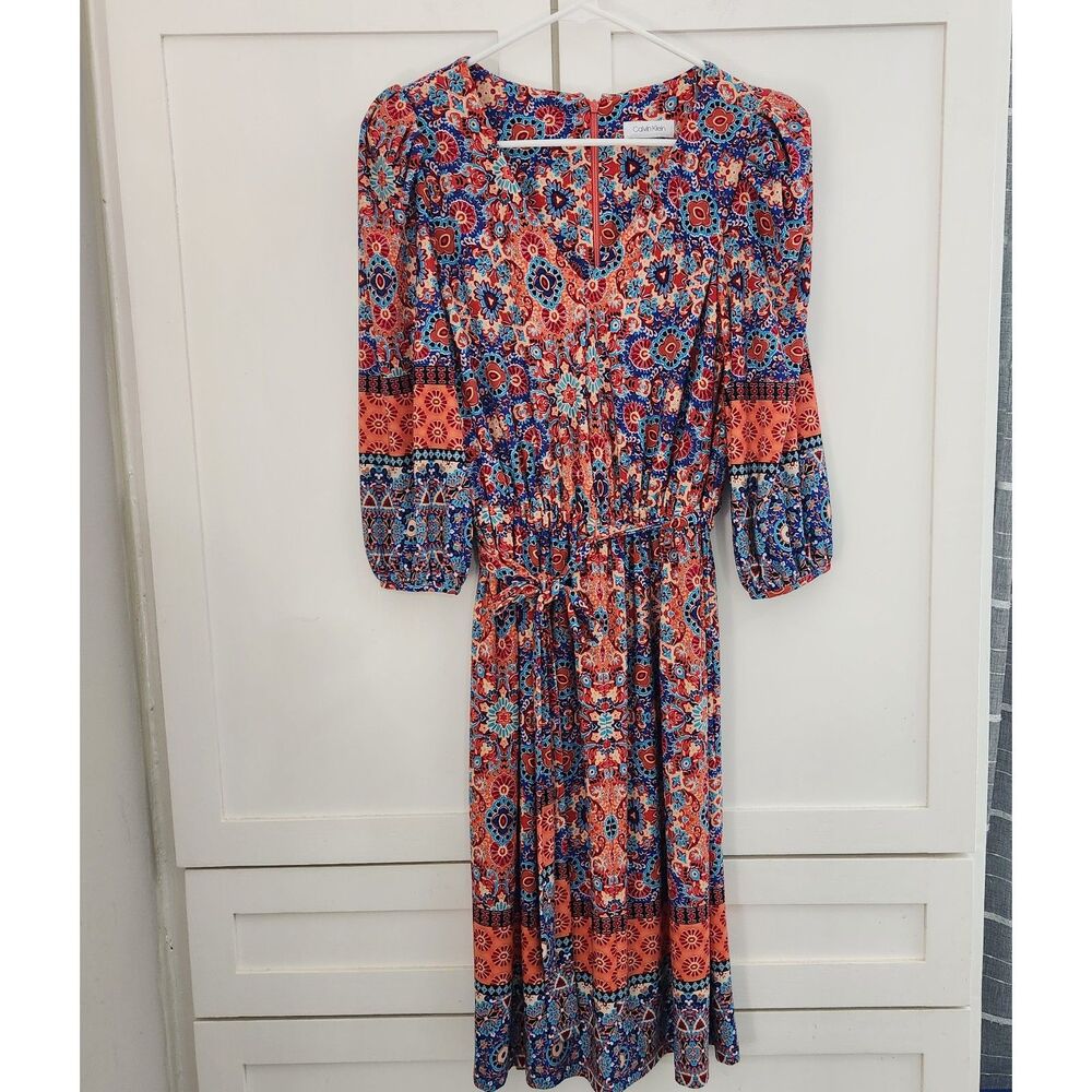 Calvin Klein Womens Orange Blue Pattern 3/4 Sleeve V Neck Dress Tie Belt Size 10